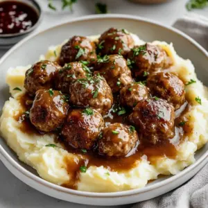 Plate of authentic Swedish meatballs served with cream sauce and lingonberries.