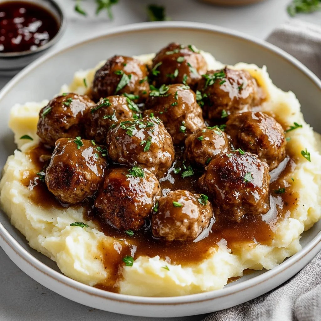 Plate of authentic Swedish meatballs served with cream sauce and lingonberries.