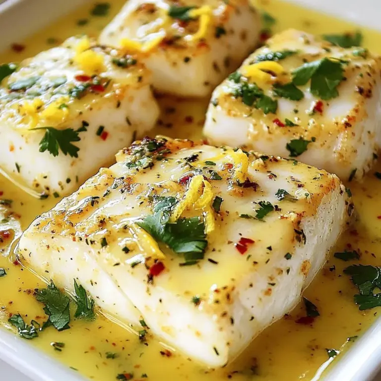 Baked cod fillet with coconut lemon cream sauce on a plate.