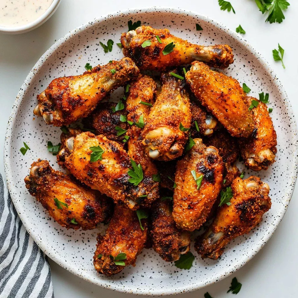 Baked dry rub wings on a platter garnished with fresh herbs