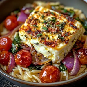 Baked Feta Orzo with Spinach in a creamy dish served in a bowl