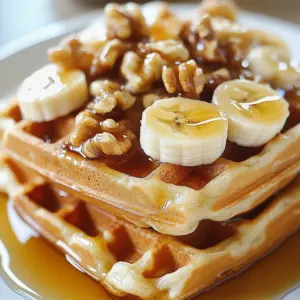 Delicious banana oat breakfast waffles served with syrup and fresh fruit