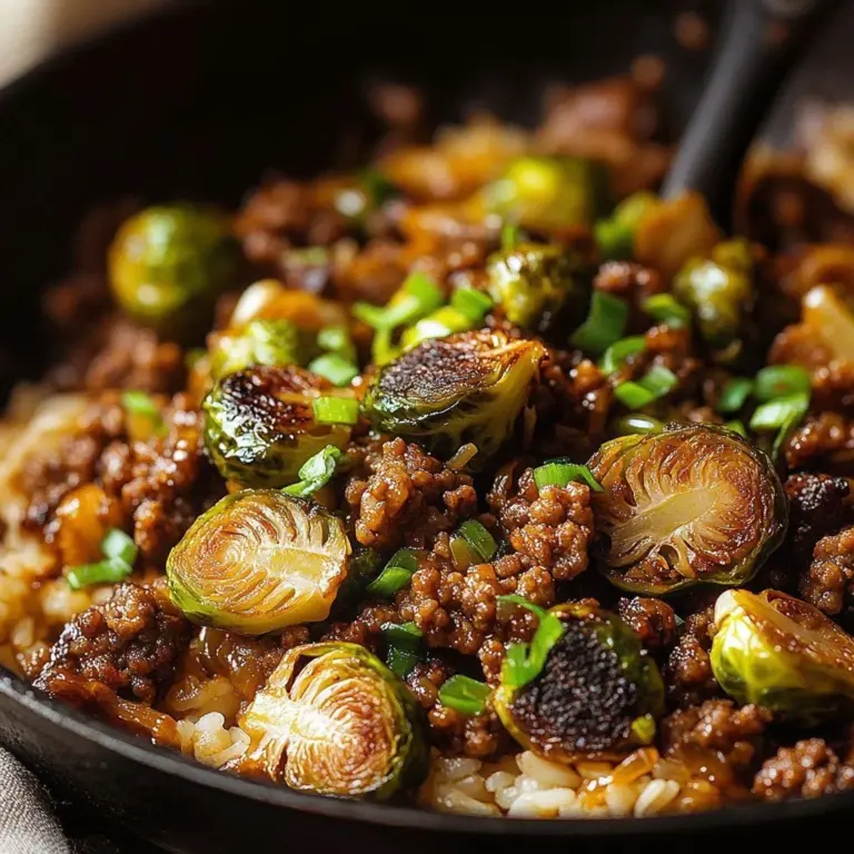 Beef and Brussels Sprouts Skillet in a frying pan, showcasing a healthy meal.