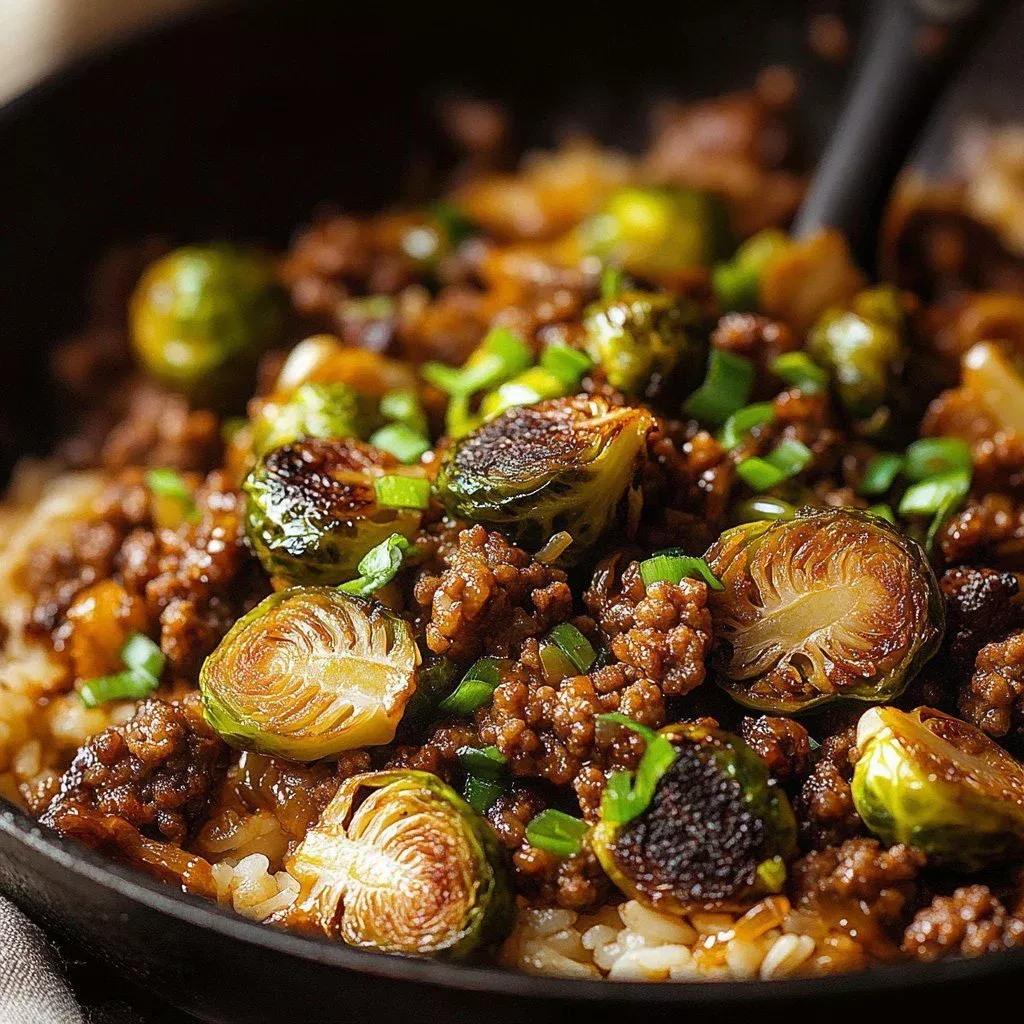 Beef and Brussels Sprouts Skillet in a frying pan, showcasing a healthy meal.