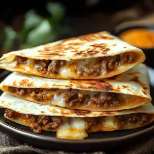 Delicious beefy cheese quesadillas served with salsa and guacamole