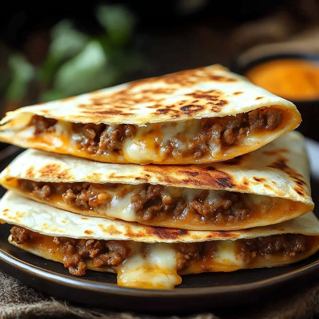 Delicious beefy cheese quesadillas served with salsa and guacamole