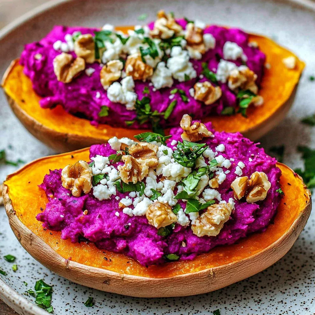 Beet hummus stuffed in roasted sweet potatoes, garnished with herbs.