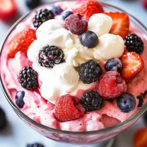 Berry Cheesecake Fluff Parfait with layers of cream and fresh berries