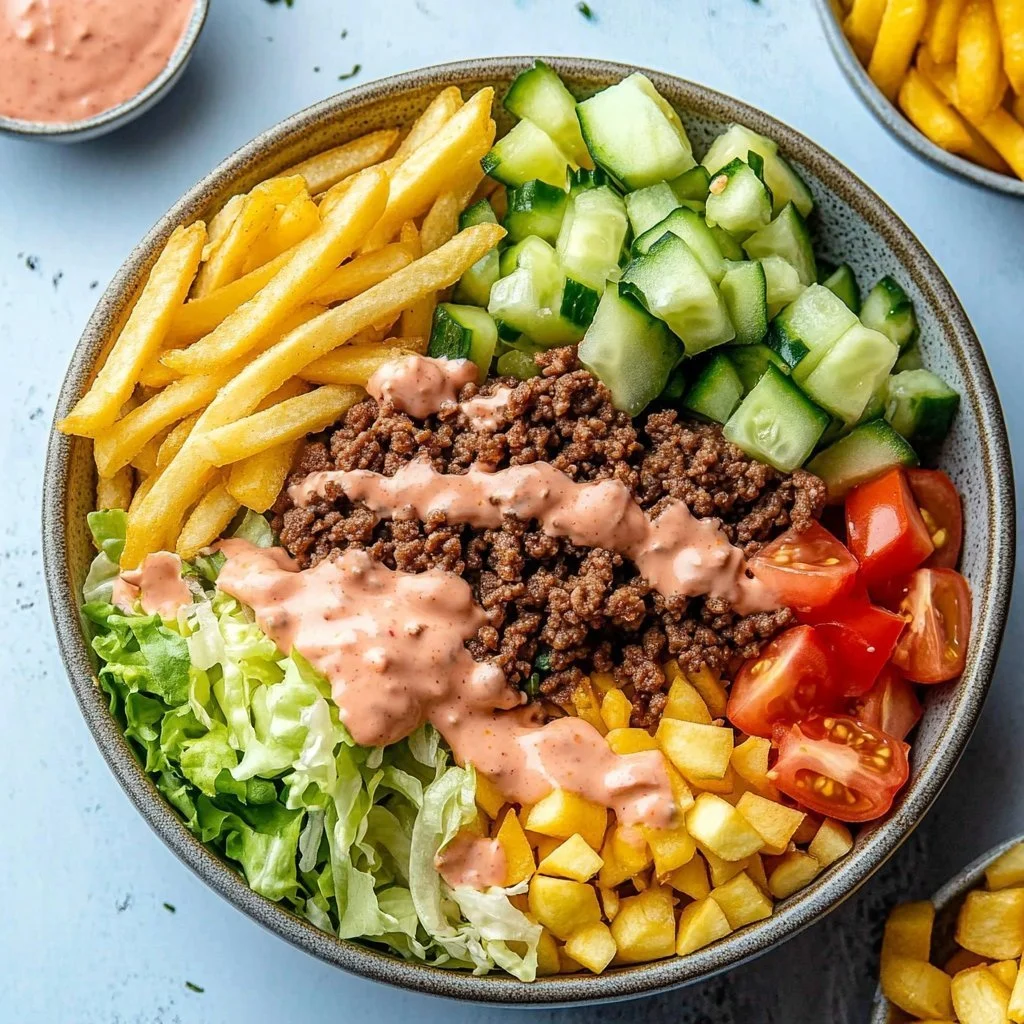 Big Mac Bowls featuring lettuce, beef, cheese, and special sauce in a bowl