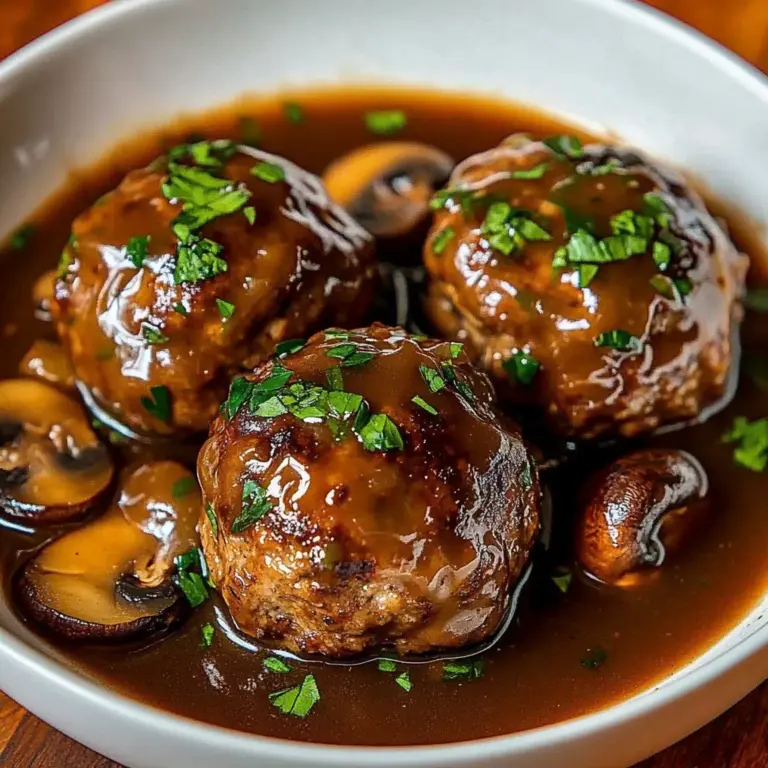 Bobby Flay's juicy Salisbury steak served with gravy and vegetables