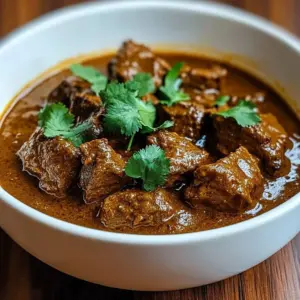 Bowl of savory braised coconut beef curry with herbs and spices.