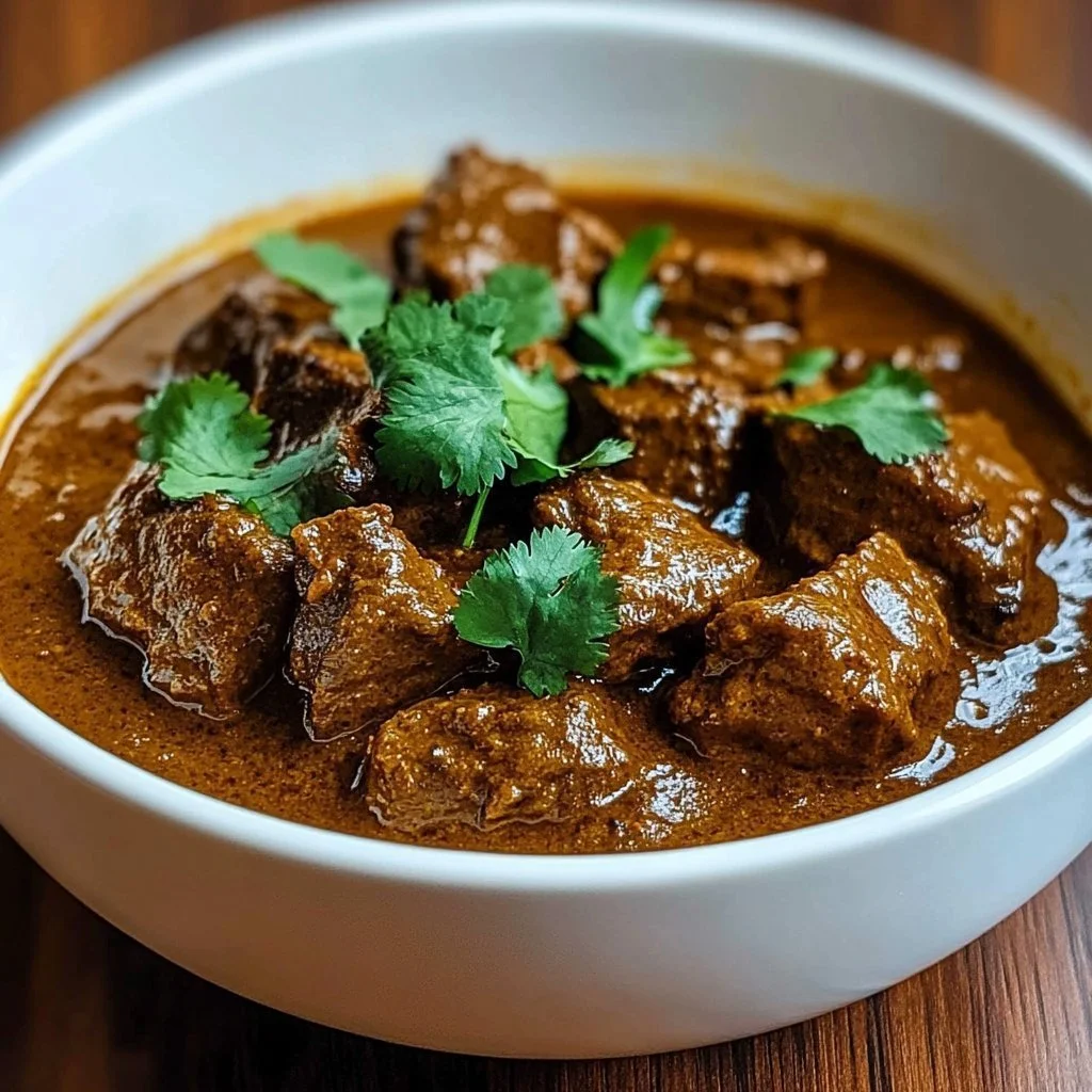 Bowl of savory braised coconut beef curry with herbs and spices.
