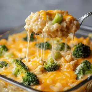 Delicious broccoli cheddar chicken casserole with rice and cheese