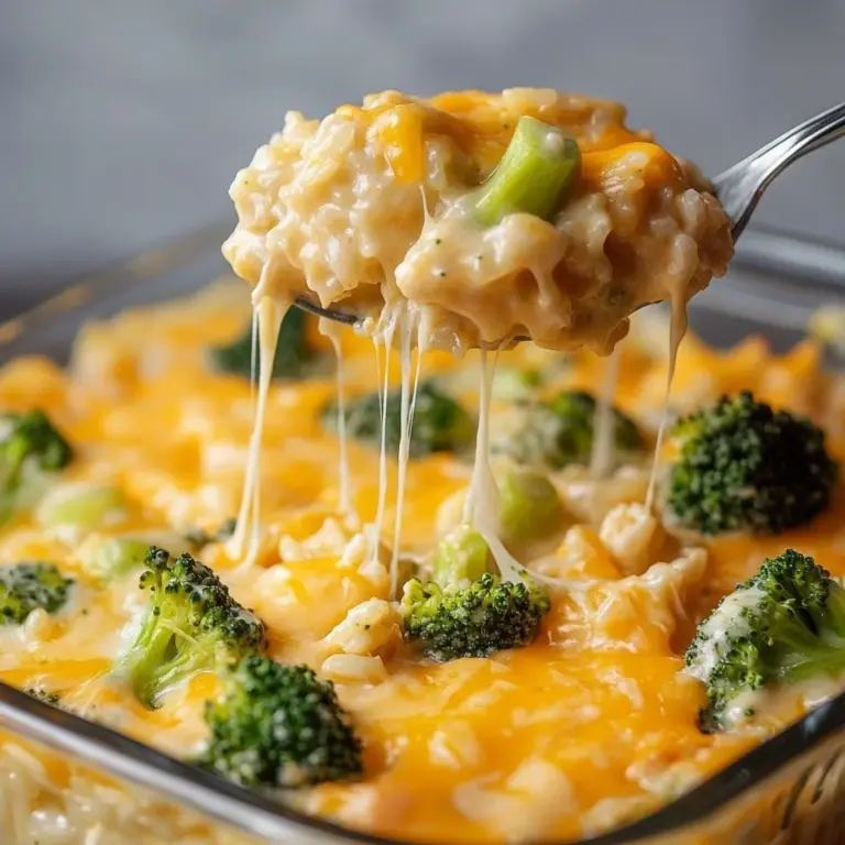 Delicious broccoli cheddar chicken casserole with rice and cheese
