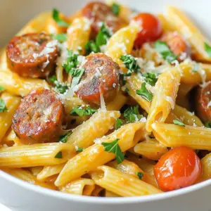 Cajun creamy one-pot sausage pasta dish served with parsley garnish