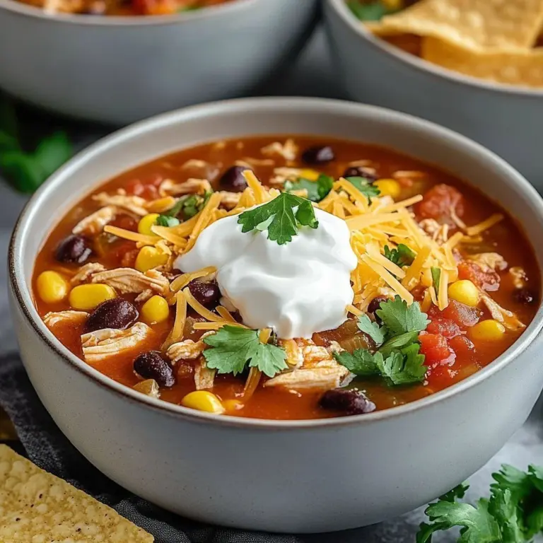 Bowl of chicken taco soup with toppings like avocado and cilantro