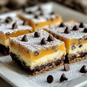 Delicious cannoli cheesecake bar squares topped with chocolate chips and whipped cream.