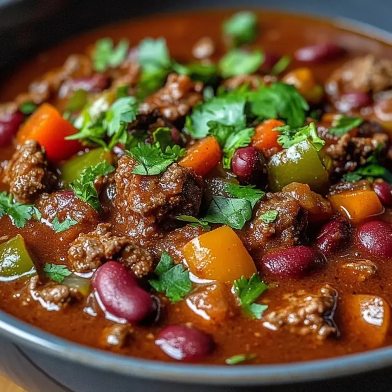 Bowl of Champion Short Rib Chorizo Chili garnished with herbs and spices
