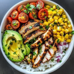 Charred street corn chicken bowl topped with fresh ingredients.