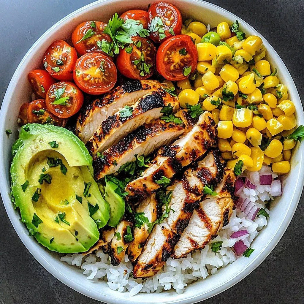Charred street corn chicken bowl topped with fresh ingredients.