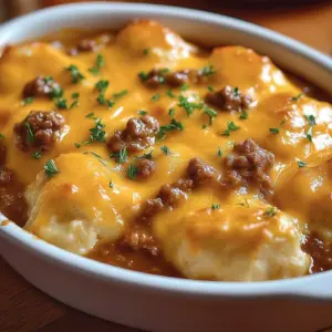 Delicious Cheddar Bay Hamburger Bake served in a casserole dish