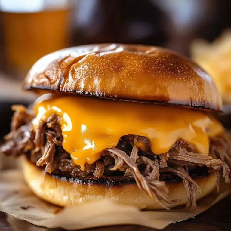 Cheddar beef slow cooker sandwiches topped with melted cheese and served on a bun.