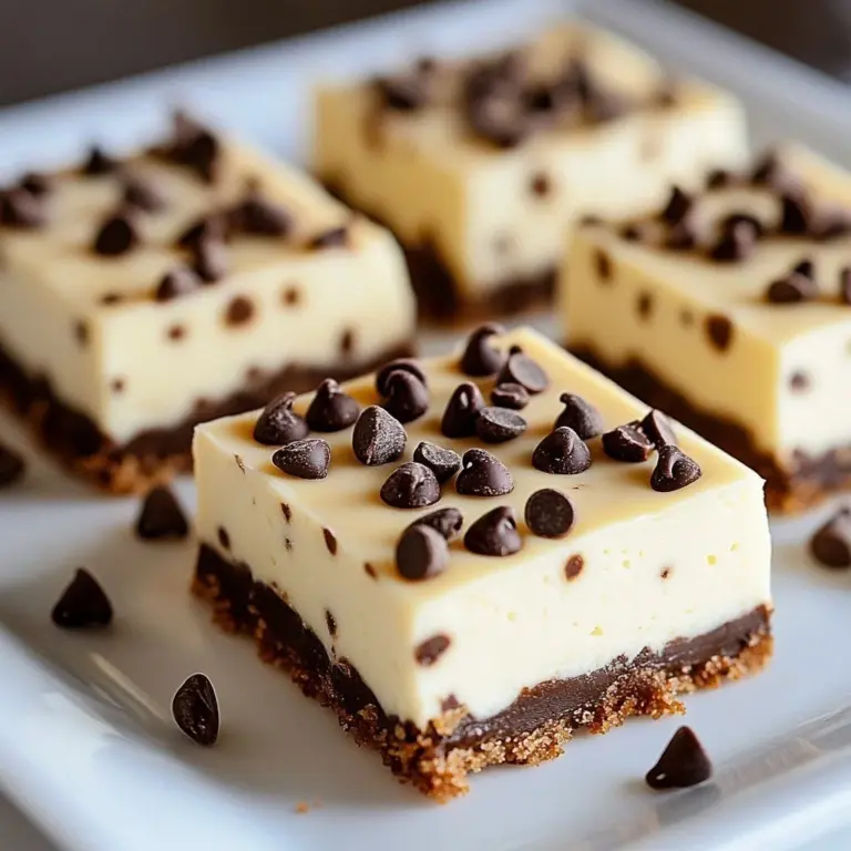 Delicious cheesecake bars topped with chocolate chips on a wooden table.
