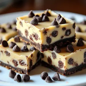 Delicious cheesecake bars with chocolate chips on a white plate