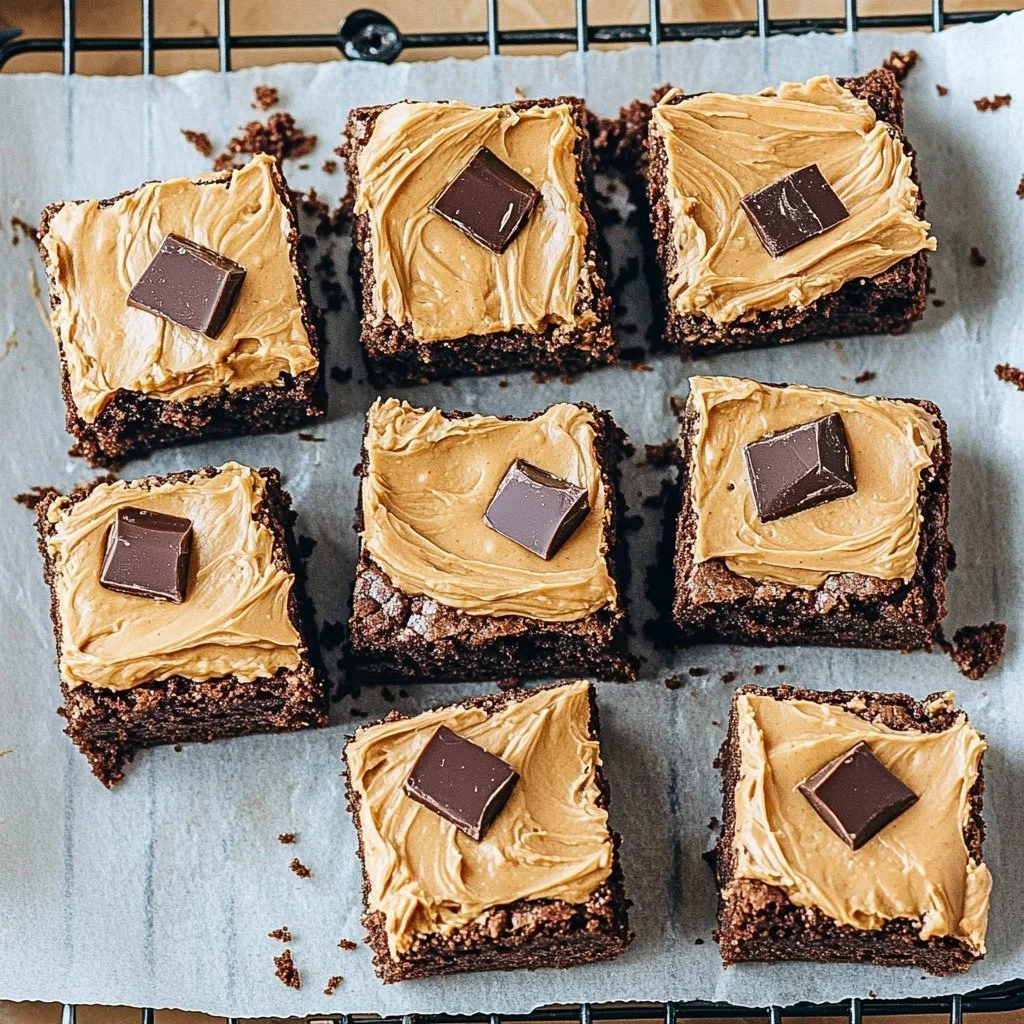 Cheesecake Swirl Peanut Butter Brownies topped with creamy cheesecake