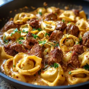 Cheesesteak tortellini in creamy provolone sauce served on a plate
