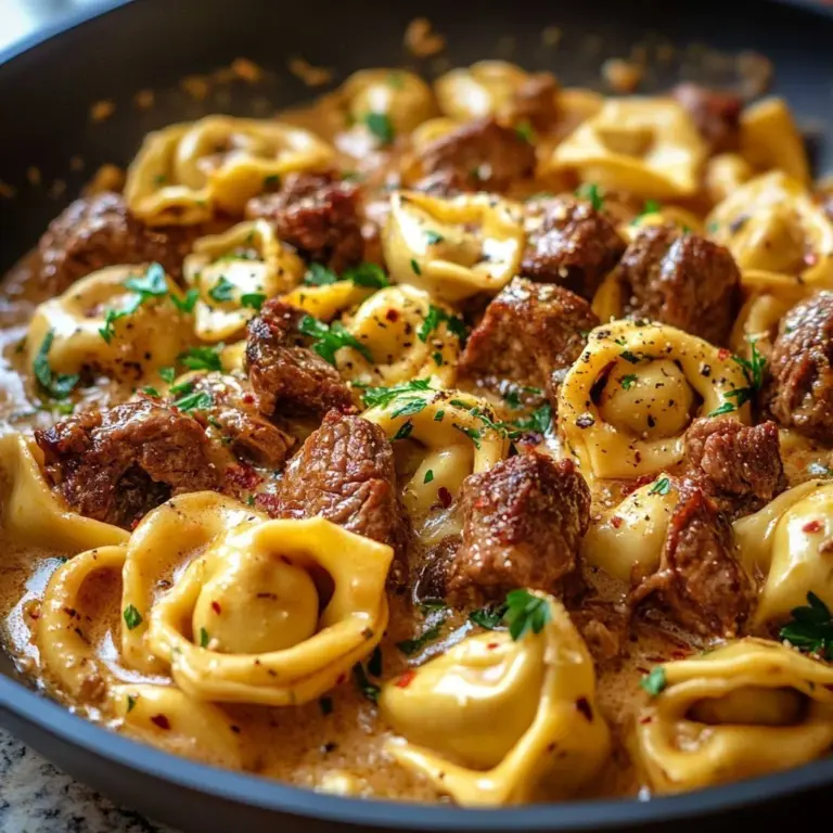 Cheesesteak tortellini in creamy provolone sauce served on a plate