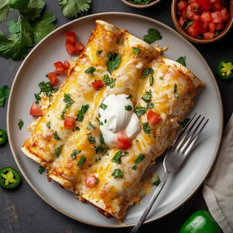 Plate of cheesy chicken enchiladas topped with fresh cilantro and sour cream