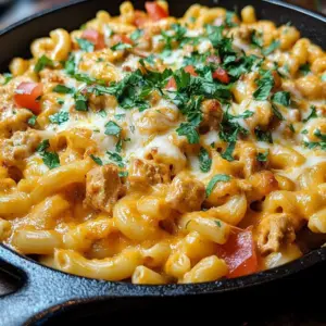 Cheesy chicken taco mac topped with melted cheese and fresh ingredients