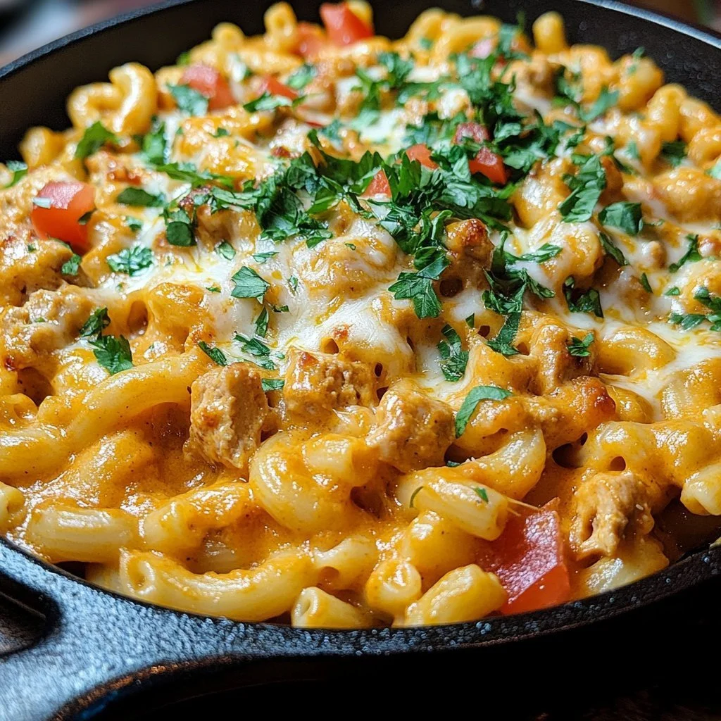 Cheesy chicken taco mac topped with melted cheese and fresh ingredients