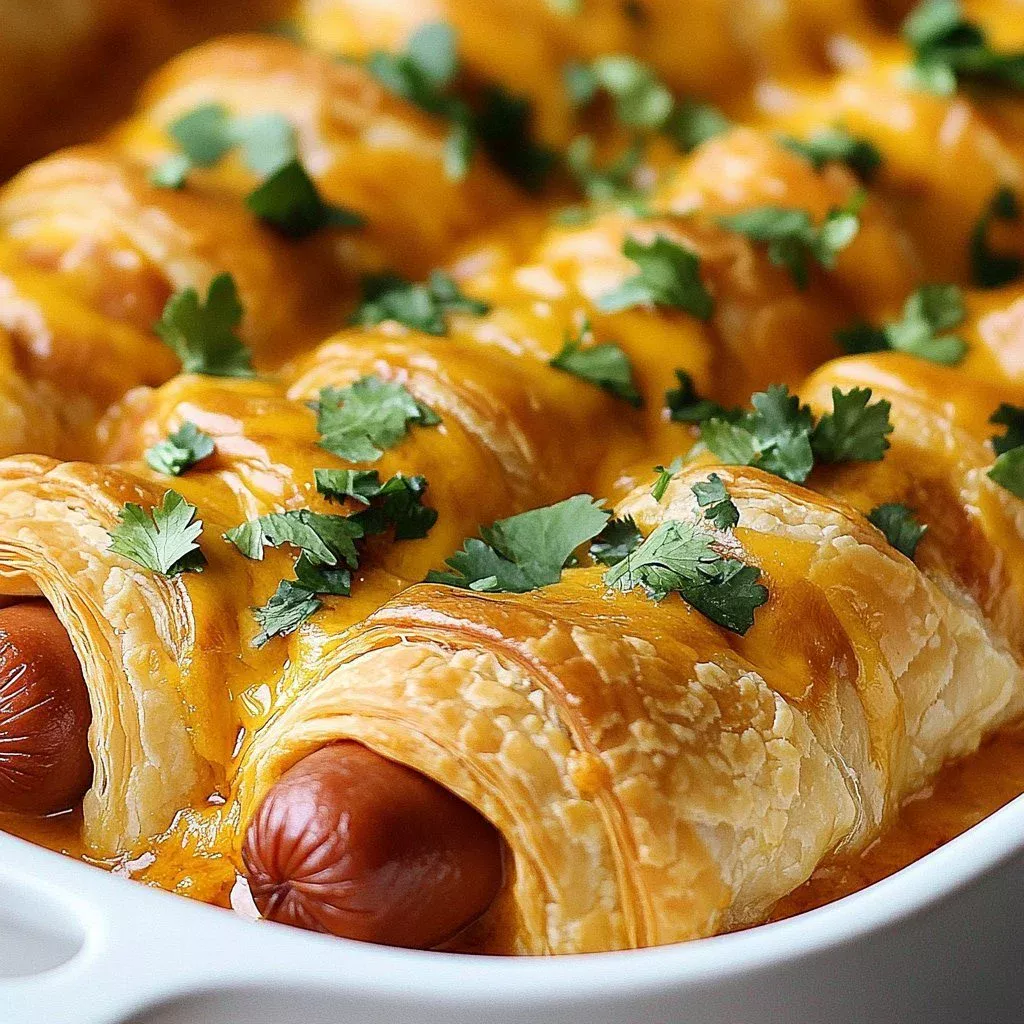 Cheesy chili dog casserole served in a baking dish with toppings.