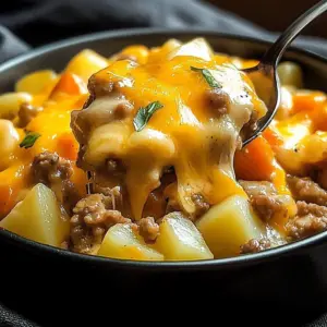 Cheesy ground beef and potato casserole served in a baking dish