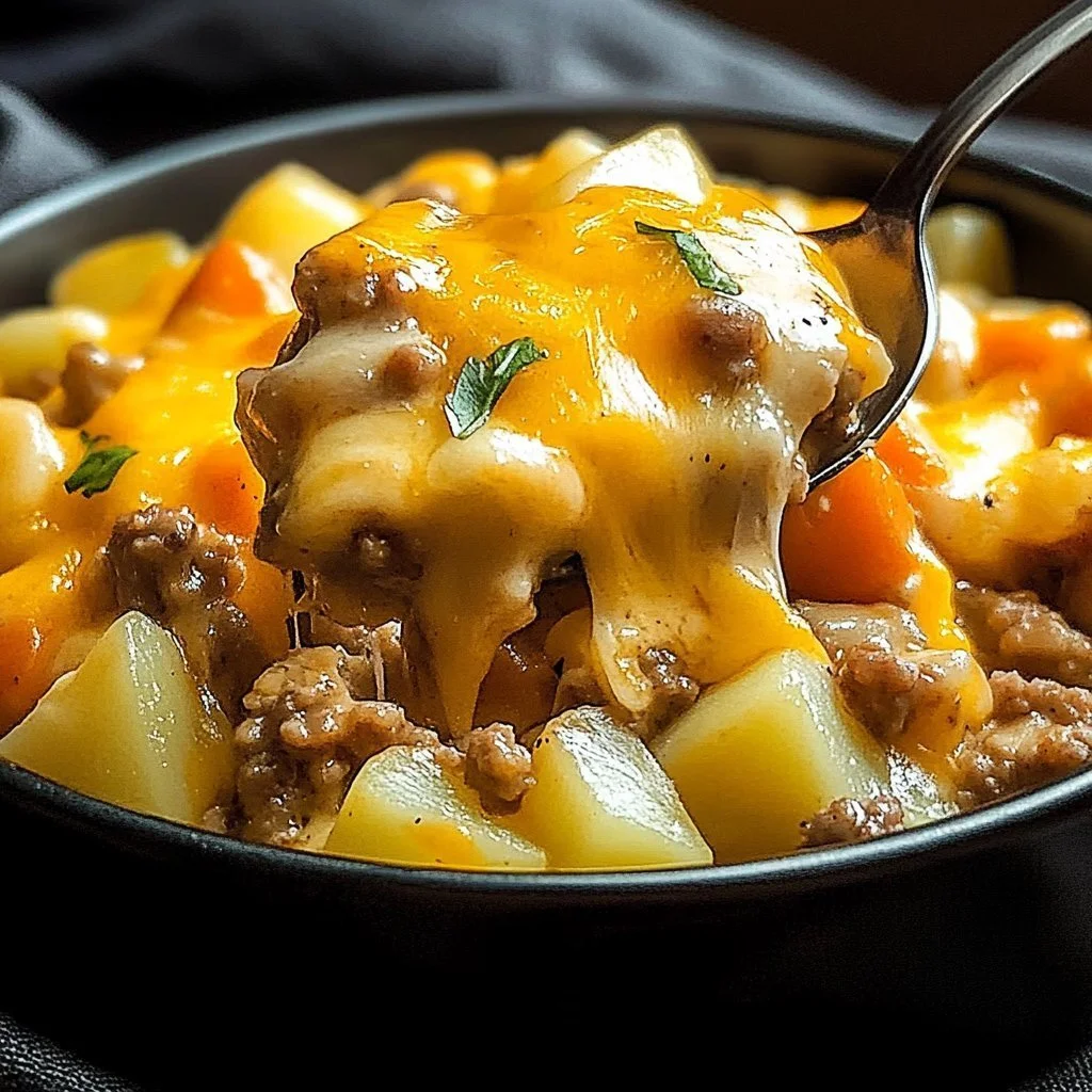 Cheesy ground beef and potato casserole served in a baking dish