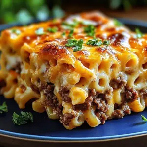Cheesy Mac Meatloaf Casserole topped with cheese in a baking dish