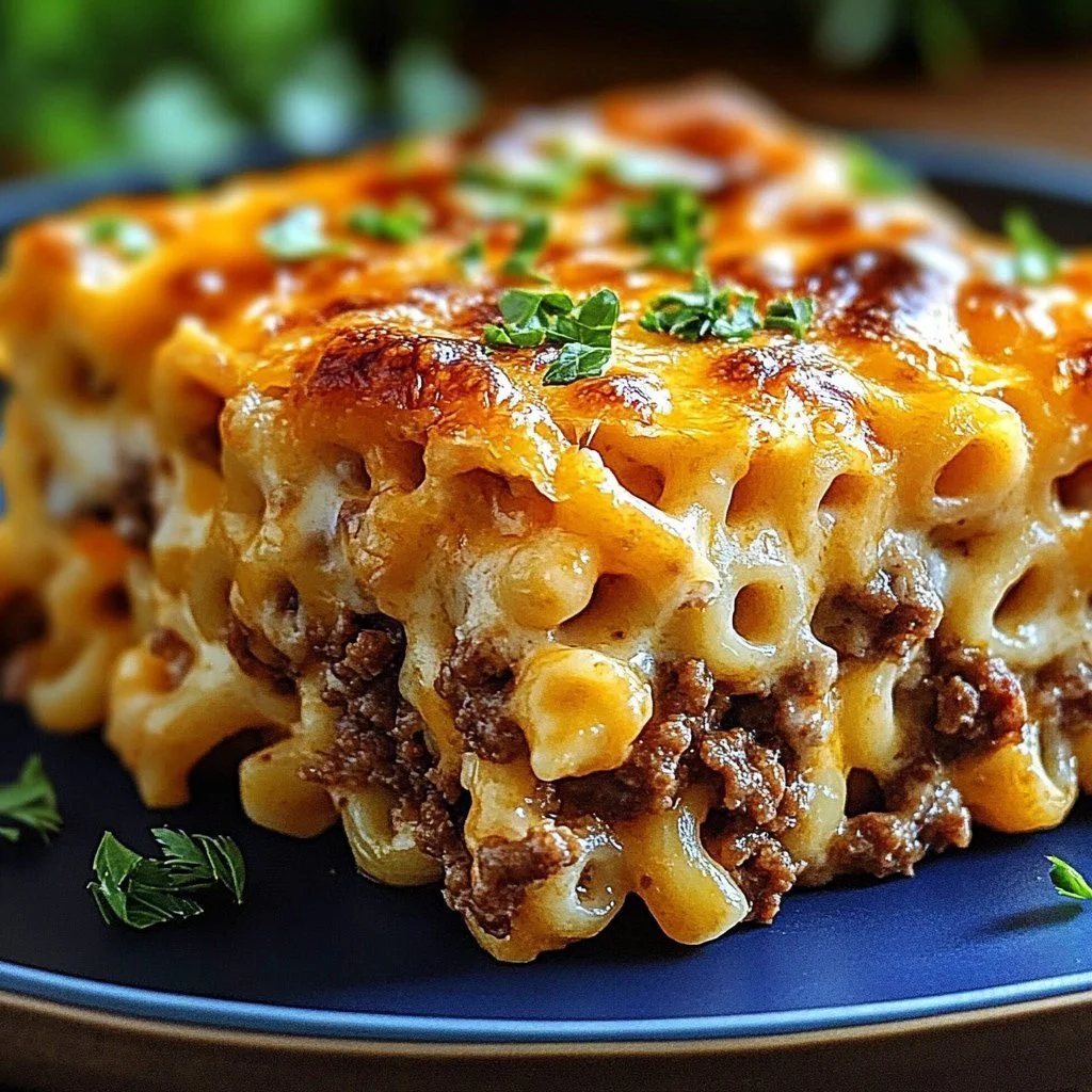 Cheesy Mac Meatloaf Casserole topped with cheese in a baking dish