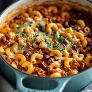 Cheesy One Pot Chili Mac dish served in a bowl, loaded with cheese and chili flavors.