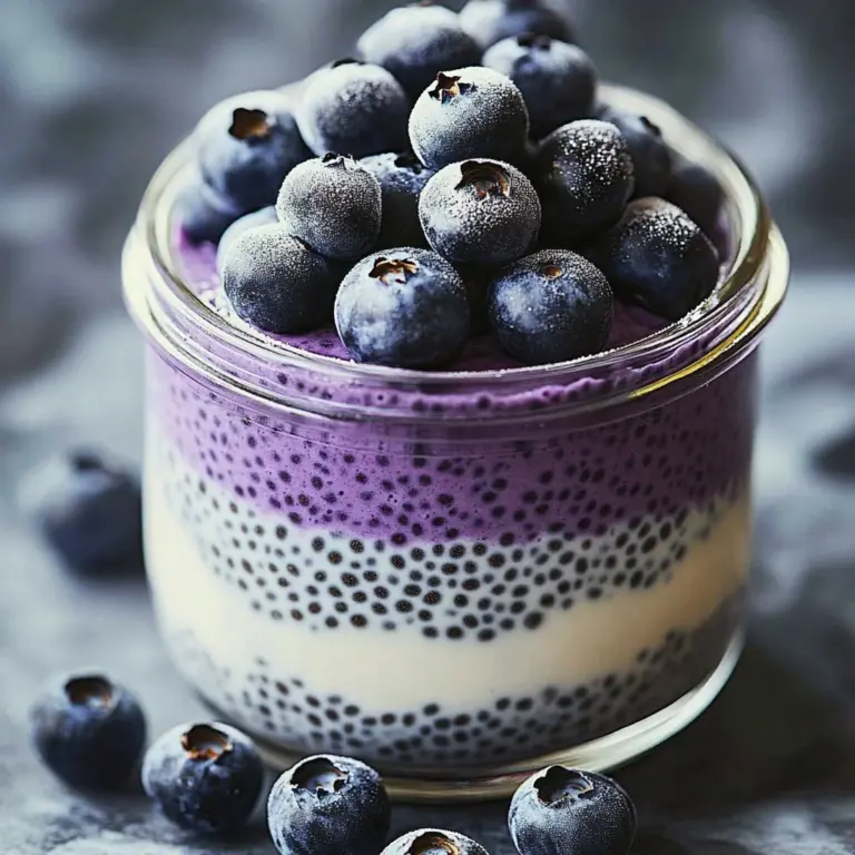 Chia pudding topped with fresh blueberries in a glass bowl