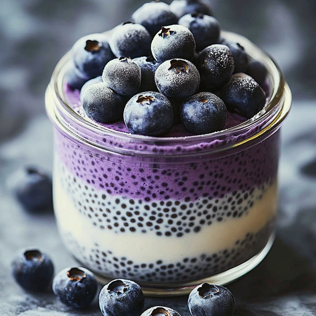 Chia pudding topped with fresh blueberries in a glass bowl