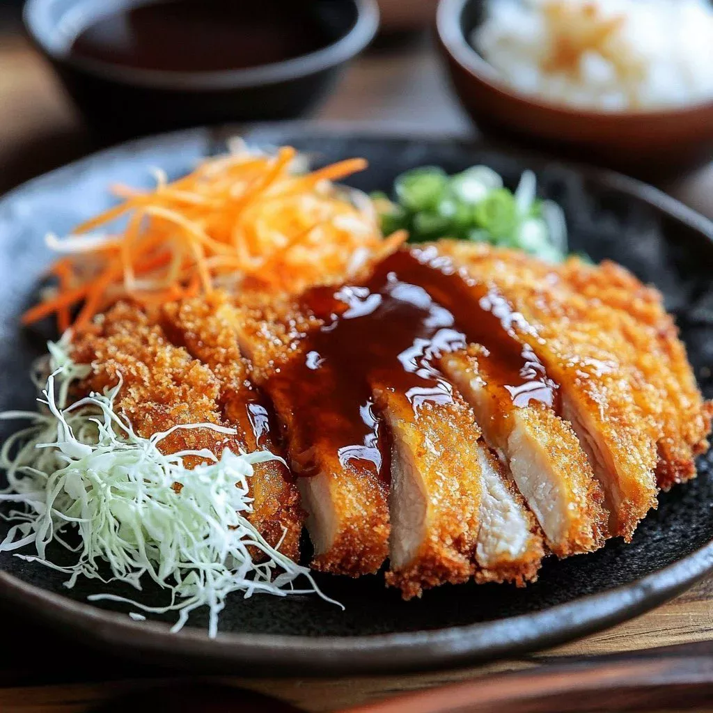 Delicious Chicken Tonkatsu served with dipping sauce and side dishes.