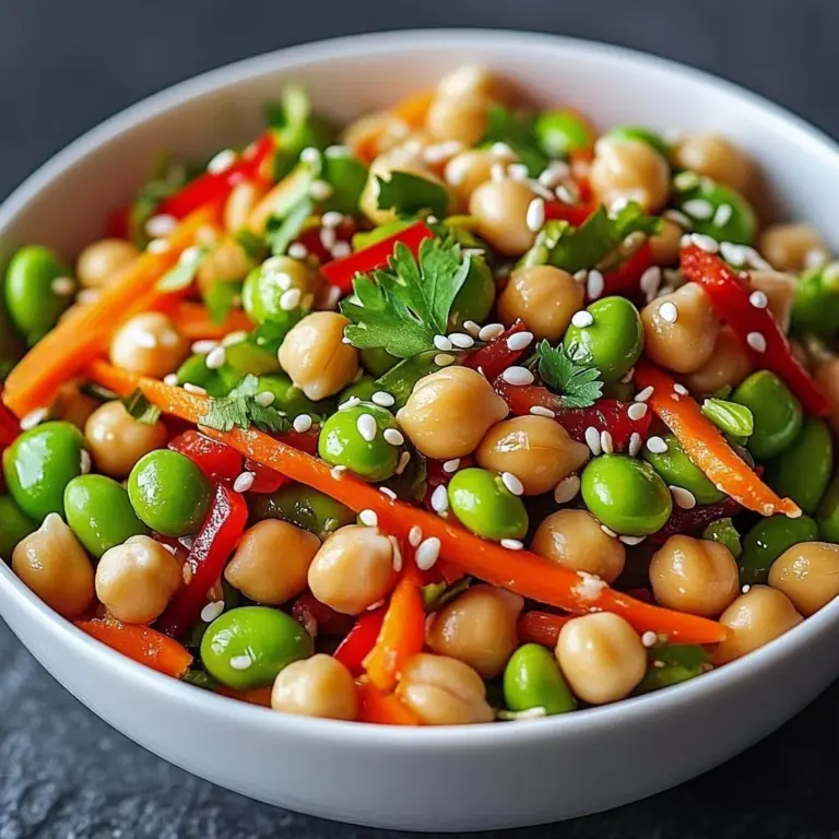 Chickpea Edamame Salad with Ginger Sesame served in a bowl garnished with sesame seeds