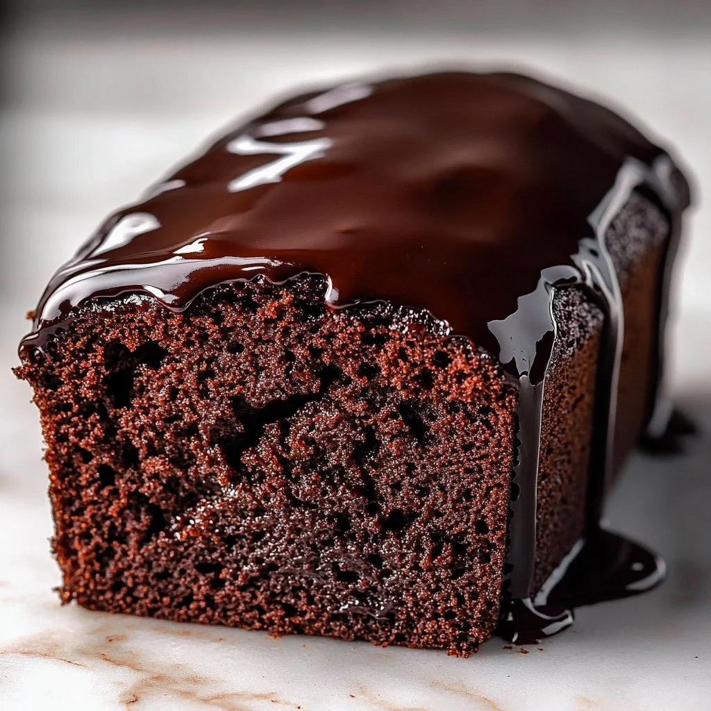 Delicious chocolate glazed loaf cake on a wooden table