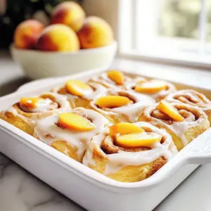 Cinnamon Peach Pie Rolls topped with cinnamon sugar and fresh peaches