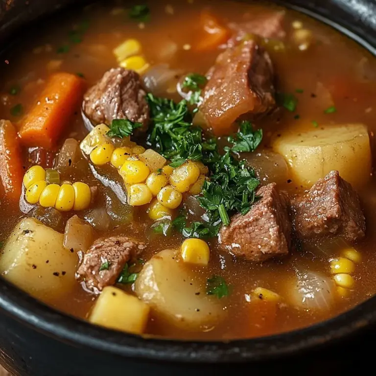 A bowl of classic beef soup filled with vegetables and tender beef.