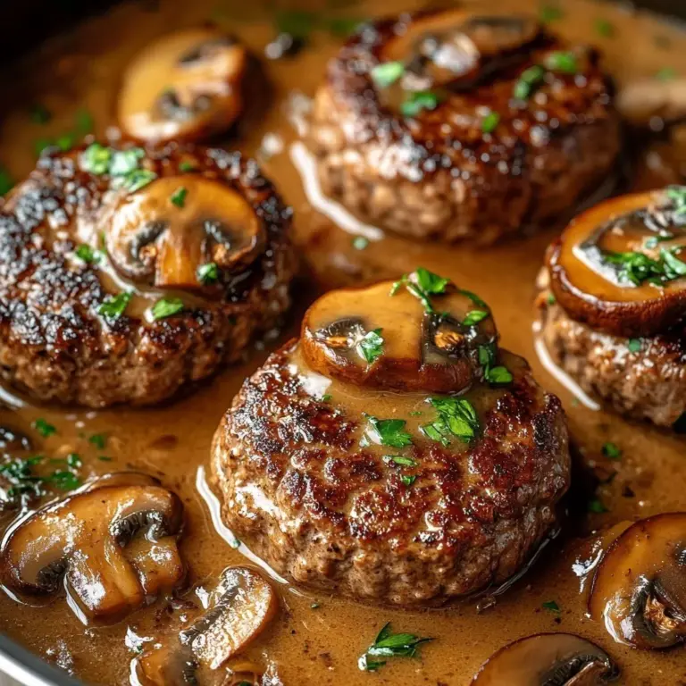 Classic Salisbury steak served with rich mushroom gravy on a plate