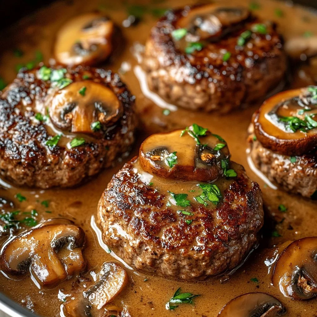 Classic Salisbury steak served with rich mushroom gravy on a plate