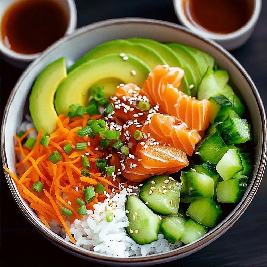 Colorful veggie sushi bowls filled with fresh vegetables and rice